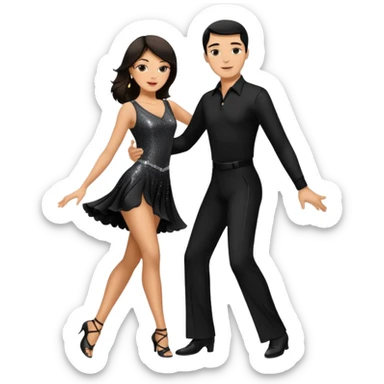 Dancesport professional latin couple dancing the rumba, the women is in skinny short sparkly dress, the man is in black shirt and black classic pants, the women has brown long hair, the man has short black hair  sticker