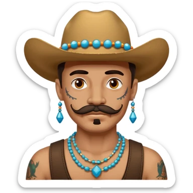 mustached cowboys with tattoos on face and bead sticker