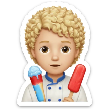 boy blonde curly hair, chef, eating ice pop sticker