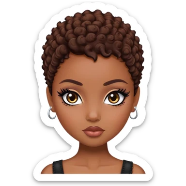 pretty bratz baddie, black eyeliner, dark skin, brown curly pixie cut hair, black  eyes sticker