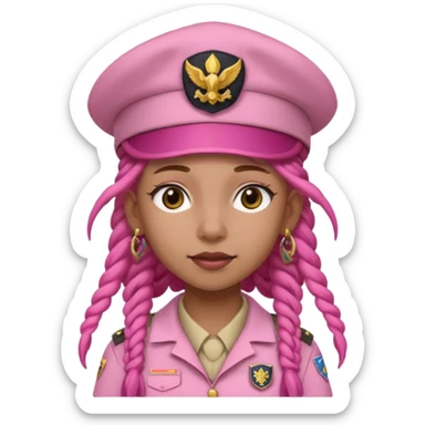 scout girl with pretty pink uniform, pink dreadlocks, and big earrings and scouts hat sticker