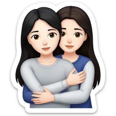 A lesbian couple with white skin and long black and brown hair hugging intimately sticker