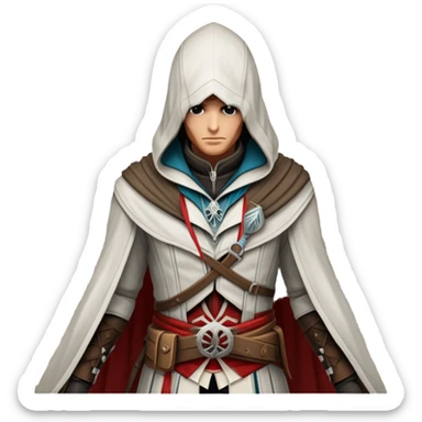 icon featuring Assasin's Creed in an iconic assassin's hood, standing tall against the backdrop of Florence. The design captures the essence of adventure, with intricate details of historical architecture and a sense of mystery. The character is poised, ready for action. transparent background. sticker