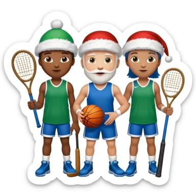 crie a imagem de 3 atletas de modalidades diferentes, usando elementos esportivos, como por exemplo bola, raquete, luca... e usando um chápeu de papai noel das cores verde e azul. sticker