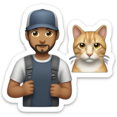 a man with a short beard and a snapback hat holding a big grey cat sticker