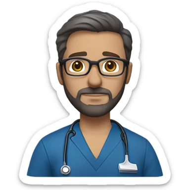 male dark blond with goatee beard doctor with hazel eyes and wire rim glasses in dark blue scrubs holding a large paintbrush sticker