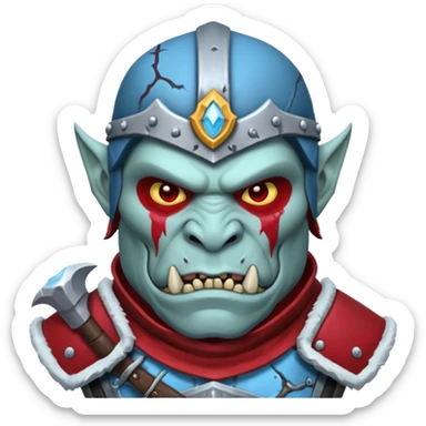 Fantasy Christmas orc legion soldier icon, iron tundra army theme, heavy winter armor, disciplined brutal look, cold steel armor cracked with frozen crimson lines, bloodfrost effect, icy blue and dark red color palette, minimal clean emoji style sticker