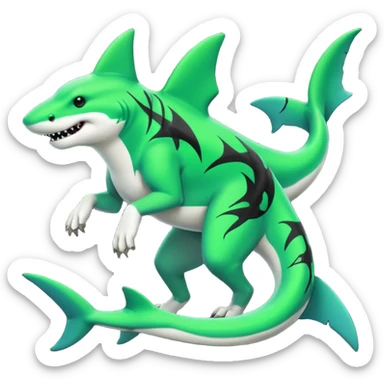 Edgy cool badass Neon-green landhai-sergal-dingo, with a shark tail, with black and dark-green swirly patterns markings sticker