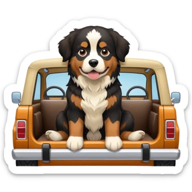 Cream colored ford bronco with no roof and an adult Bernese mountain dog in the seat sticker