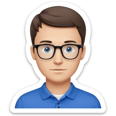 Scott The Woz Young white man, late 20s, short brown hair, blue eyes, clean-shaven, thin black rectangular glasses, slim build, wearing a blue polo shirt, friendly and energetic look. sticker