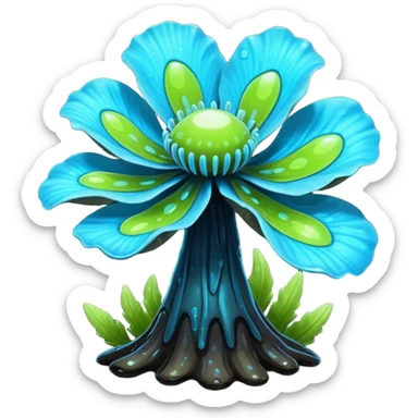 Black and cyan and blue and neon green bioluminescent shiny glowing ET gooey shroomy plenty icky sticky muddy swampy spore flower  sticker