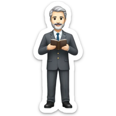 husband classy caucasian 55 some dark gray hair trimmed beard wearing business suit holding bible, with wife asian age 55 dark hair nurse uniform, no children sticker