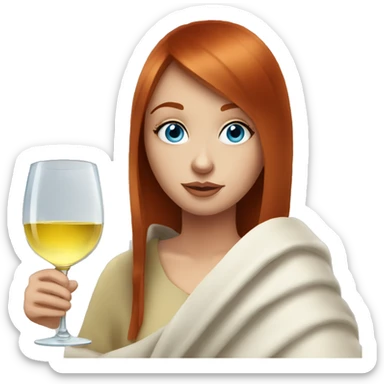 Redhead girl with straight bangs and blue eyes drink white wine under blanket sticker