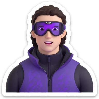 close-up of bad guy male athlete with white skin and moderately curly dark brown hair on top with shaved sides, wearing ski goggles with purple frames and very dark black lenses, a simple plain black chain necklace, and a completely unzipped sleeveless vest with purple and black sequin fire pattern design with no logo, with an extremely arrogant expression sticking his tongue out mockingly, looking menacing and villainous sticker