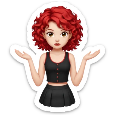 red haired girl with 2 big curls on the sides of her hair with a button up black tank top with red accents and a short skirt with red end sticker