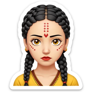 nữ 25 tuổi, da vàng, tóc đen tết buộc dài, có chấm đỏ bindi trên trán, mặt cáu  sticker