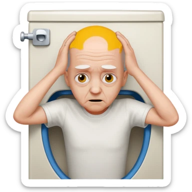 A bald person who’s very old is staring, he’s inside a toilet and his head is upright and looking at the camera with very wide eyes and his hands are putting pressure on his head, very scared expression sticker