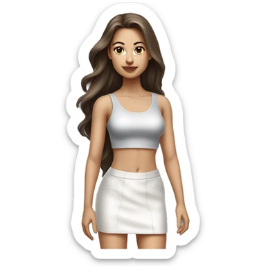 hyperrealist caucasian, long brown hair, brown eyes, woman, white decollette tank top, gray tight mini skirt, black high heels, full height sticker