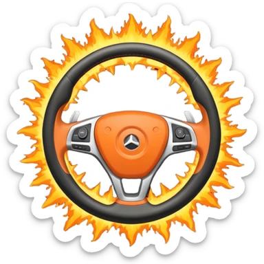 a car steering wheel with an explosion in the center sticker