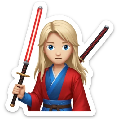 A 14 year old with red glowing katana and his hair be long and eye colour of blue  sticker