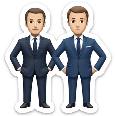 figures of Nicolas Sarkozy and Emmanuel Macron standing side by side, both with oversized heads and small bodies, wearing suits, highly recognizable faces, simplified details sticker