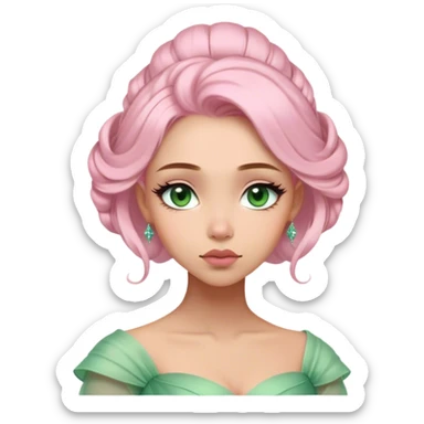 Cinematic Elegant Mulan Portrait Emoji, Dressed in her delicate green matchmaker gown, soft pink makeup, hair pinned perfectly, looking wistful yet radiant, eyes reflecting the depth of her spirit, capturing both her beauty and inner strength! sticker