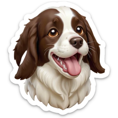 Cinematic Cute Yawning Springer Spaniel Portrait Emoji, Head tilted slightly with a dramatic, wide-open yawn, showcasing a smooth Fur of liver and white with crisp markings, floppy ears slightly drooping, round brown eyes barely open in drowsy contentment, Simplified yet irresistibly adorable features, highly detailed, glowing with a soft, cozy glow, high shine, relaxed yet expressive, stylized with a touch of whimsy, bright and endearing, soft glowing outline, capturing the essence of a sleepy yet affectionate companion, so drowsy it feels like it could stretch right out of the screen and curl up for a nap! sticker