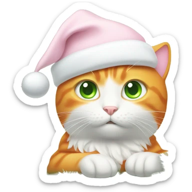 orange cat with green eyes and white angel wings and light pink christmas hat sticker
