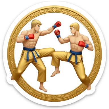 Round emblem symbolizing striking martial arts. The emblem features two fighters in dynamic stances, one delivering a powerful punch while the other defends with a block. In the center, a stylized fist and foot crossed to represent the essence of striking.  sticker
