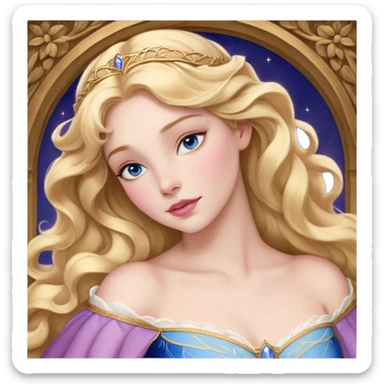 Cinematic Realistic Sleeping Beauty (Aurora) Portrait, with porcelain-like skin featuring a natural rosy flush, illuminated by soft lighting that highlights the gentle contours of her face. Her golden blonde hair flows in soft, detailed waves with subtle highlights that shimmer in the light. Her deep violet-blue eyes radiate warmth and innocence, framed by arched brows and long lashes. With a soft, serene smile, she holds a delicate rose gently in one hand, her other hand resting lightly by her side. She is dressed in her classic pink gown, the fabric rich in texture with delicate folds that catch the light. A golden crown rests atop her head, gleaming with royal refinement. The portrait captures a soft, glowing aura, blending realism with an ethereal sense of beauty and timeless enchantment. sticker