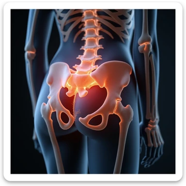 Anatomical view of piriformis muscle on a seated woman, highlighted in red in the gluteal region, bones and other muscles visible in transparency, hyperrealism 4K, white background sticker