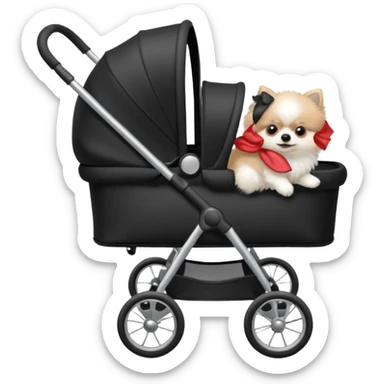 A white Pomeranian dog sits in a black baby stroller. A wheelchair with a folded roof. The image quality is ultra realistic. sticker