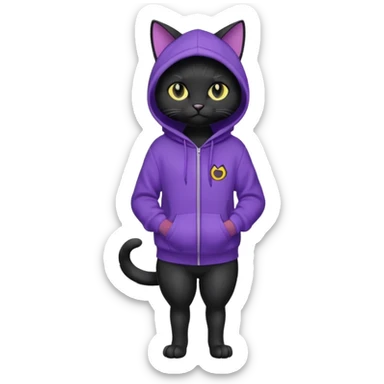 Black cat wearing a violet hoodie fursona (full body) sticker