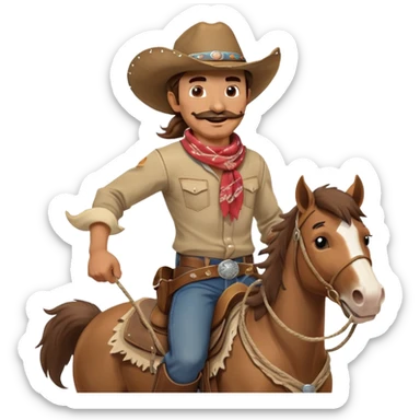 clash-of-clans-aesthetic_-cinematic-playful-cowboy-portrait-emoji, head-tilted with a roguish, cheeky grin and twinkling eyes, featuring a rugged, spirited build with a wide-brimmed cowboy hat and a weathered bandana on tan skin, brown hair and a moustache , riding a powerful galloping horse with dynamic flowing mane, reins gripped firmly in one hand and a lasso in the other, as dust swirls behind them in a vast desert landscape. sticker