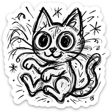 chaotic outlined icon of a cute cat with big eyes and a playful pose sticker