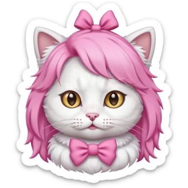 White cat wearing pink wig and bow sticker