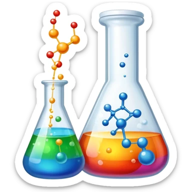 An icon featuring a chemical flask, bubbling with liquid, and an atomic structure, symbolizing chemistry. The design includes molecules, a periodic table, and laboratory equipment, representing the study of chemical reactions and elements. Transparent background highlights scientific research. sticker