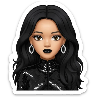 Rihanna with long jet black hair, black sequin outfit sticker