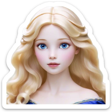 Cinematic Realistic Sleeping Beauty (Aurora) Portrait, with porcelain-like skin featuring a natural rosy flush, illuminated by soft lighting that highlights the gentle contours of her face. Her golden blonde hair flows in soft, detailed waves with subtle highlights that shimmer in the light. Her deep violet-blue eyes radiate warmth and innocence, framed by arched brows and long lashes. With a soft, serene smile, she holds a delicate rose gently in one hand, her other hand resting lightly by her side. She is dressed in her classic pink gown, the fabric rich in texture with delicate folds that catch the light. A golden crown rests atop her head, gleaming with royal refinement. The portrait captures a soft, glowing aura, blending realism with an ethereal sense of beauty and timeless enchantment. sticker