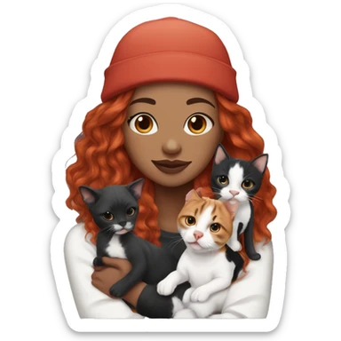 Long Red haired woman in beanie with septum piercing holding black and white English Staffordshire puppy and tabby cat sticker