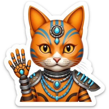 cat, wear tribal shaman cloth, hand cyberborg sticker
