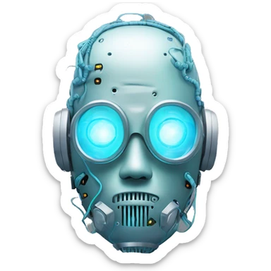 Pastel blue haired cyborg head with silver respirator mask and circuits sticker