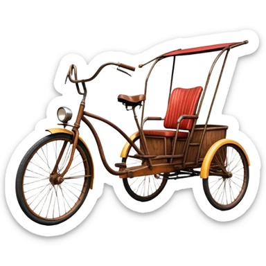 ​Cinematic Realistic Tricycle Rickshaw, depicted as a vintage manually operated vehicle featuring two front wheels and a single rear wheel, rendered with detailed rustic textures, vibrant colors, and dynamic urban lighting that captures its unique design and cultural charm, sticker