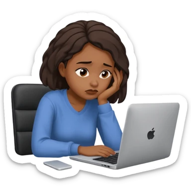 Create an emoji of a tired girl of african american descent, sitting at a laptop, looking exhausted and frustrated. They have slouched posture, representing overwork and burnout. sticker