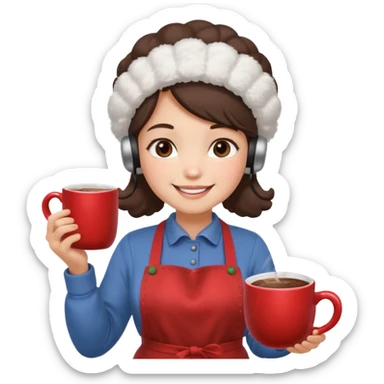 A cozy vendor with fluffy earmuffs, wearing apron handing out steaming cocoa with a warm smile. sticker