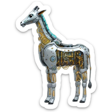 Una girafa robotica con patrones de circuitos brillantes en su piel, piernas con juntas móviles y piezas de metal relucientes sticker