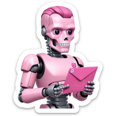 schwarzenegger-looking half robotic half human pink terminator holding pink email envelope sticker