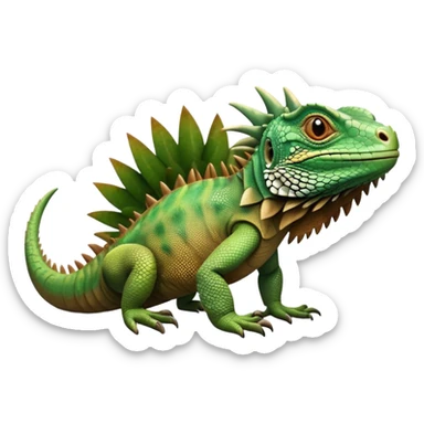 cinematic-iguana-realistic-full-body-basking-emoji,-long-scaly-body-stretched-out,-spiny-ridge-running-down-its-back,-textured-green-and-brown-skin-dappled-with-light,-sharp-intelligent-eyes-studying-the-surroundings sticker