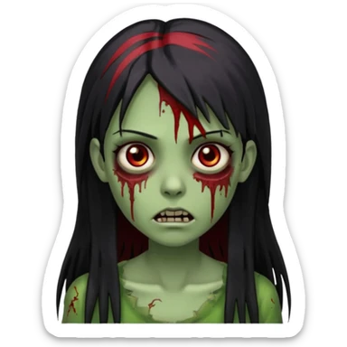 Garota zumbi com cabelo todo preto liso, longo e mechas vermelhas na lateral da cabeça dos dois lados. Olhos castanhos escuros, pele esverdeada como se estivesse podre e vários ferimentos  sticker