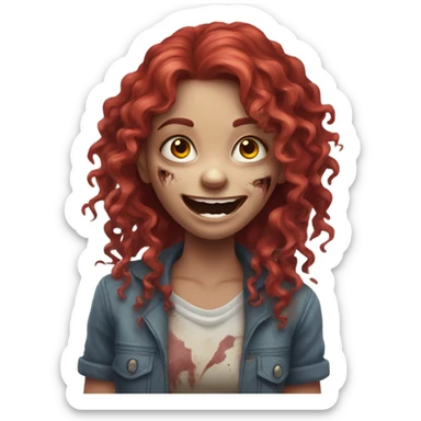 Happy zombie girl red long curly hair with both hands in the air sticker